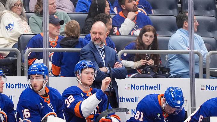 Apr 11, 2026; Elmont, New York, USA; New York Islanders head coach Peter DeBoer in the third period against the Ottawa Senators at UBS Arena. Mandatory Credit: Alexander Wohl-Imagn Images Apr 11, 2026; Elmont, New York, USA; New York Islanders head coach Peter DeBoer in the third period against the Ottawa Senators at UBS Arena. Mandatory Credit: Alexander Wohl-Imagn Images