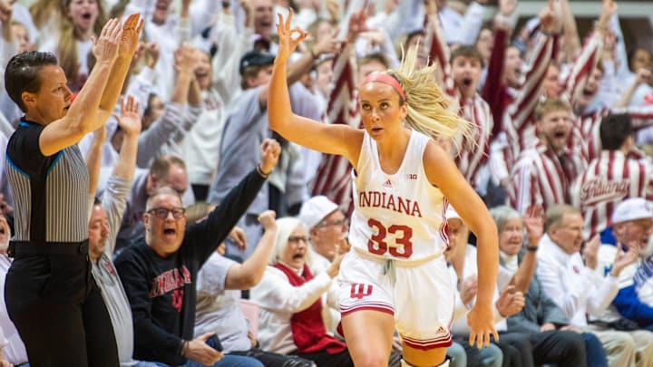 Indiana's Sydney Parrish (33) celebrates a 3-pointer against USC at Simon Skjodt Assembly Hall.
