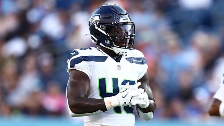 Aug 17, 2024; Nashville, Tennessee, USA; Seattle Seahawks linebacker Tyrice Knight (48) gets ready for a play in the first quarter of the game against the Tennessee Titans at Nissan Stadium.