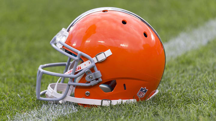 Aug 16, 2012; Green Bay, WI, USA; A Cleveland Browns helmet sits on the field during warmups prior to the game against the Green Bay Packers at Lambeau Field.  The Browns defeated the Packers 35-10.  Mandatory Credit: Jeff Hanisch-Imagn Images