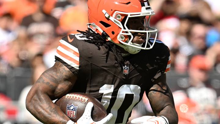 Cleveland Browns running back Quinshon Judkins carries the ball against the Carolina Panthers at Huntington Bank Field.