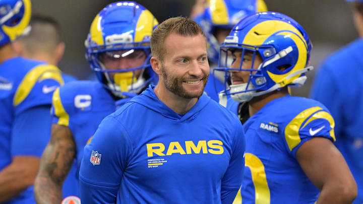 Jan 4, 2026; Inglewood, California, USA;  Los Angeles Rams head coach Sean McVay on the field prior to a game against the Arizona Cardinals at SoFi Stadium. Mandatory Credit: Jayne Kamin-Oncea-Imagn Images