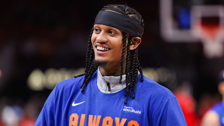 Apr 23, 2026; Atlanta, Georgia, USA; New York Knicks guard Jordan Clarkson (00) warms up before a game against the Atlanta Hawks during game three of the first round of the 2026 NBA Playoffs at State Farm Arena. Mandatory Credit: Brett Davis-Imagn Images