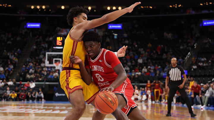 Nov 14, 2025; Inglewood, California, USA; Illinois State Redbirds guard Ty'Reek Coleman (10) drives to the basket against Southern California Trojans guard Rodney Rice (1) during the second half of the Hall of Fame Series game at Intuit Dome. Mandatory Credit: Kiyoshi Mio-Imagn Images