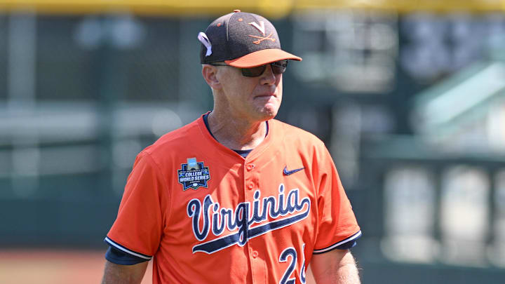 Virginia Cavaliers coach Brian O'Connor walks off the field after the loss against the Florida State Seminoles at Charles Schwab Field Omaha in 2024. Virginia Cavaliers coach Brian O'Connor walks off the field after the loss against the Florida State Seminoles at Charles Schwab Field Omaha in 2024.