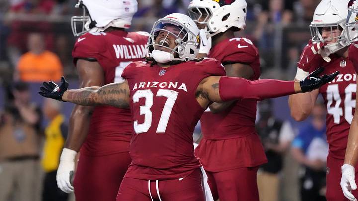 Aug 6, 2026; Canton, Ohio, USA; Arizona Cardinals running back Corey Kiner (37) celebrates after a touchdown against the Carolina Panthers at Tom Benson Hall of Fame Stadium. Mandatory Credit: Kirby Lee-Imagn Images Aug 6, 2026; Canton, Ohio, USA; Arizona Cardinals running back Corey Kiner (37) celebrates after a touchdown against the Carolina Panthers at Tom Benson Hall of Fame Stadium. Mandatory Credit: Kirby Lee-Imagn Images