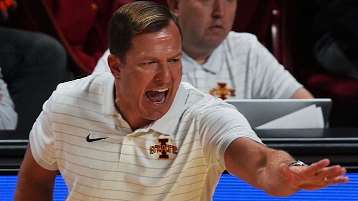 Iowa State Cyclones men's basketball head coach T.J. Otzelberger calls a play from side line during the first half against Grambling State Tigers on Nov. 6, 2025, at Hilton Coliseum in Ames, Iowa.