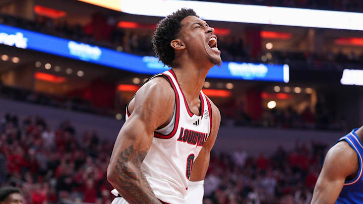 Louisville Cardinals forward Khani Rooths (9) celebrates after scoring and drawing the foul against Kansas during an exhibition game before UofL basketball's 2025-26 season at the KFC Yum! Center in Louisville, Kentucky Friday, October 24, 2025.