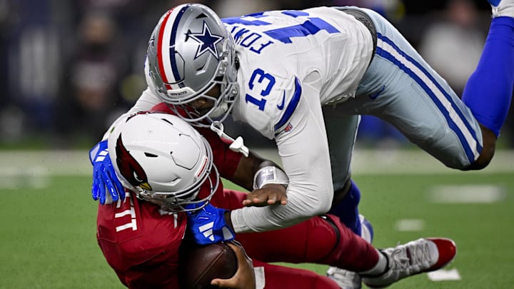 Nov 3, 2025; Arlington, Texas, USA; Dallas Cowboys defensive end Dante Fowler Jr. (13) sacks Arizona Cardinals quarterback Jacoby Brissett (7) during the game between the Dallas Cowboys and the Arizona Cardinals at AT&T Stadium. Nov 3, 2025; Arlington, Texas, USA; Dallas Cowboys defensive end Dante Fowler Jr. (13) sacks Arizona Cardinals quarterback Jacoby Brissett (7) during the game between the Dallas Cowboys and the Arizona Cardinals at AT&T Stadium.