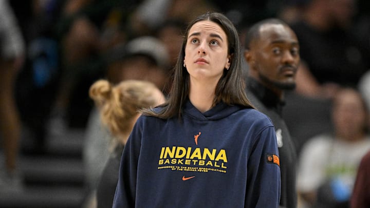 Aug 1, 2025; Dallas, Texas, USA; Indiana Fever guard Caitlin Clark (22) during the game between the Dallas Wings and the Indiana Fever at the American Airlines Center. Mandatory Credit: Jerome Miron-Imagn Images