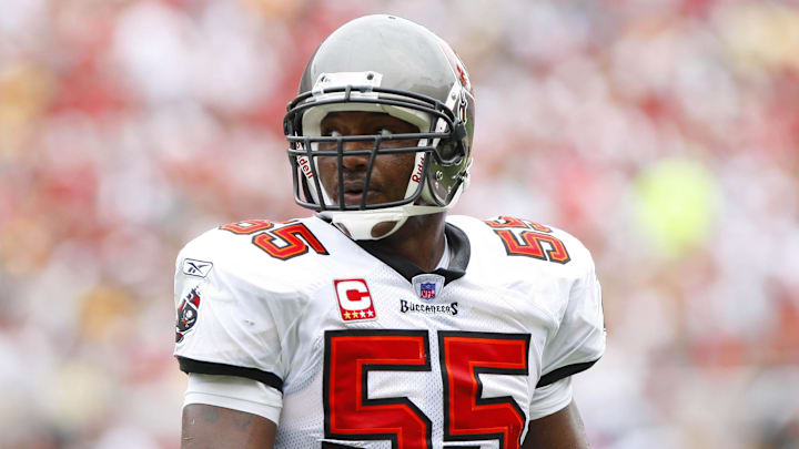 September 28, 2008; Tampa, FL, USA; Tampa Bay Buccaneers linebacker Derrick Brooks (55) against the Green Bay Packers during the first quarter at Raymond James Stadium. Mandatory Credit: Kim Klement-Imagn Images