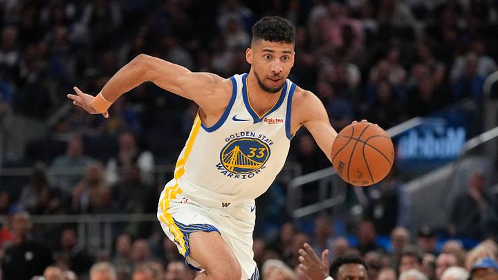 Apr 9, 2026; San Francisco, California, USA; Golden State Warriors forward Malevy Leons (33) steals the ball from Los Angeles Lakers guard Bronny James (9) in the third quarter at the Chase Center. Mandatory Credit: Cary Edmondson-Imagn Images