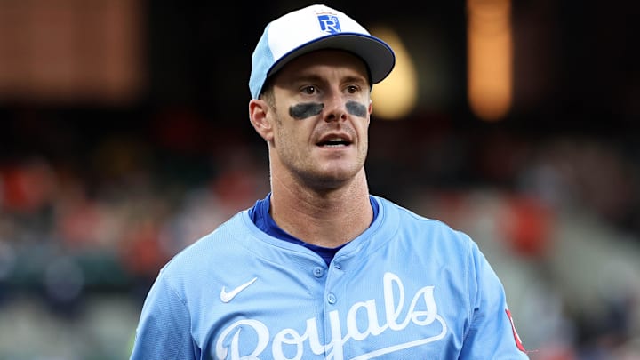 May 2, 2025; Baltimore, Maryland, USA; Kansas City Royals first baseman Mark Canha (21) looks on before a game against the Baltimore Orioles at Oriole Park at Camden Yards. Mandatory Credit: Daniel Kucin Jr.-Imagn Images
