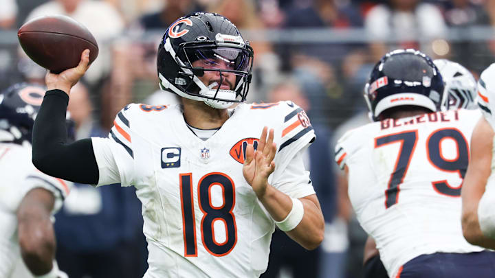 Theo Benedet has Caleb Williams' blind side in the second half Sunday, and feels he benefited from facing Maxx Crosby at right tackle in the first half. Theo Benedet has Caleb Williams' blind side in the second half Sunday, and feels he benefited from facing Maxx Crosby at right tackle in the first half.