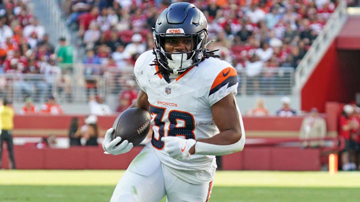 Aug 9, 2025; Santa Clara, California, USA; Denver Broncos running back Jaleel McLaughlin (38) rushes the ball in the second quarter against the San Francisco 49ers at Levi's Stadium. Aug 9, 2025; Santa Clara, California, USA; Denver Broncos running back Jaleel McLaughlin (38) rushes the ball in the second quarter against the San Francisco 49ers at Levi's Stadium.