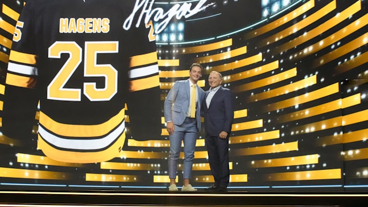 Jun 27, 2025; Los Angeles, California, USA; James Hagens is selected as the seventh overall pick to the Boston Bruins in the first round of the 2025 NHL Draft at Peacock Theater. Mandatory Credit: Kirby Lee-Imagn Images