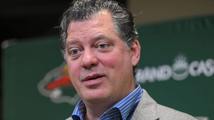 Minnesota Wild general manger Bill Guerin addresses the media about not making any big trades ahead of the NHL Trade Deadline this year. (Mandatory Credit: Nick Wosika-Imagn Images)