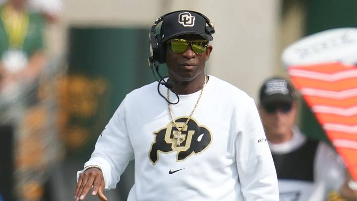 Sep 26, 2026; Waco, Texas, USA;  Colorado Buffaloes head coach Deion Sanders reacts on the sideline during the first half against the Baylor Bears at McLane Stadium.  Mandatory Credit: Chris Jones-Imagn Images