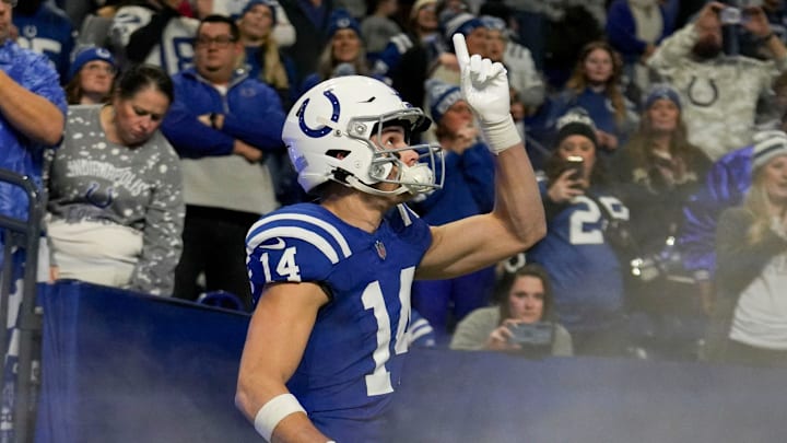 Indianapolis Colts wide receiver Alec Pierce (14) takes the field Sunday, Jan. 5, 2025, before a game against the Jacksonville Jaguars at Lucas Oil Stadium in Indianapolis.