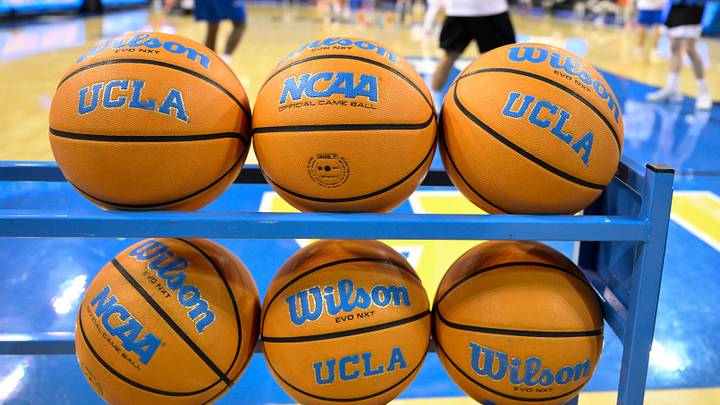 Feb 21, 2026; Los Angeles, California, USA; The UCLA Bruins men’s basketball team warm-up before a game against Illinois at Pauley Pavilion presented by Wescom Financial. Mandatory Credit: Robert Hanashiro-Imagn Images
