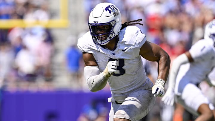 Sep 20, 2025; Fort Worth, Texas, USA; TCU Horned Frogs linebacker Kaleb Elarms-Orr (3) rushes the line during the game between the TCU Horned Frogs and the SMU Mustangs at Amon G. Carter Stadium. Mandatory Credit: Jerome Miron-Imagn Images