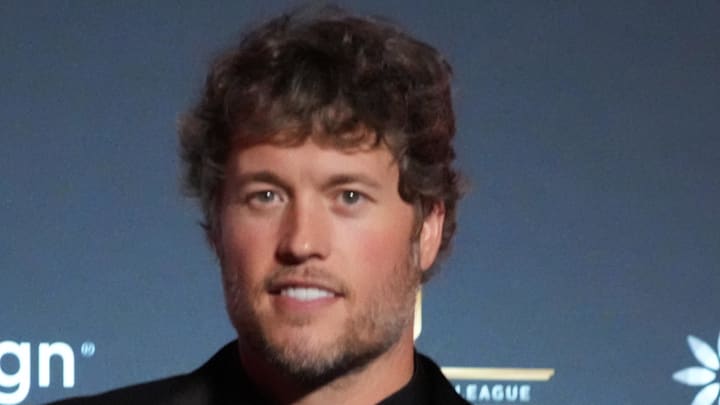 Los Angeles Rams quarterback Matthew Stafford posts with the NFL Honors most valuable player trophy 