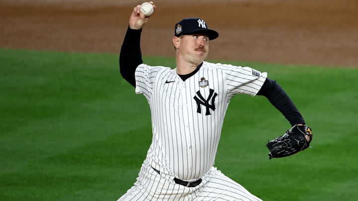 Oct 28, 2024; New York, New York, USA; New York Yankees pitcher Mark Leiter Jr. (38) throws during the fourth inning against the Los Angeles Dodgers in game three of the 2024 MLB World Series at Yankee Stadium