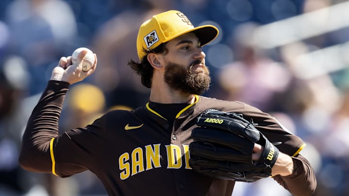 Mar 11, 2025; Peoria, Arizona, USA; San Diego Padres pitcher Dylan Cease against the Chicago White Sox during a spring training game at Peoria Sports Complex.