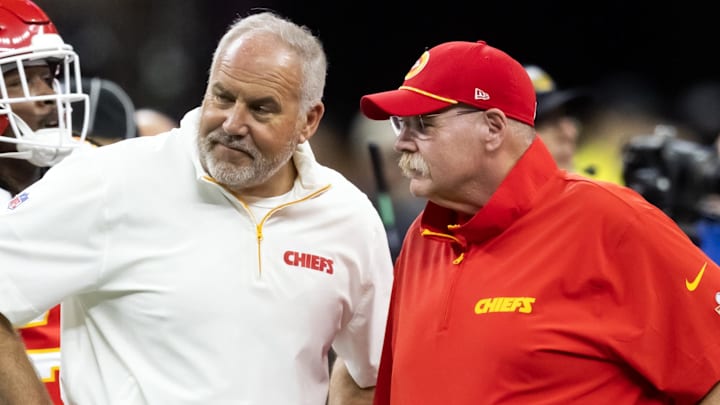 Feb 9, 2025; New Orleans, LA, USA;  Kansas City Chiefs special teams coordinator Dave Toub (left) with head coach Andy Reid against the Philadelphia Eagles in Super Bowl LIX at Ceasars Superdome. Mandatory Credit: Mark J. Rebilas-Imagn Images
