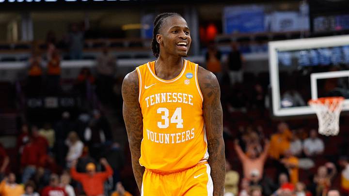 Mar 27, 2026; Chicago, IL, USA; Tennessee Volunteers forward Felix Okpara (34) reacts in the second half against the Iowa State Cyclones during a Sweet Sixteen game of the Midwest Regional of the men's 2026 NCAA Tournament at United Center. Mandatory Credit: Kamil Krzaczynski-Imagn Images