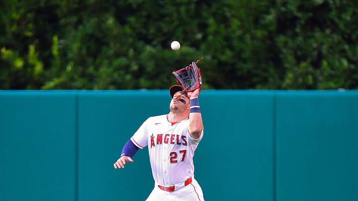 May 5, 2026; Anaheim, California, USA; Los Angeles Angels center fielder Mike Trout (27) catches the fly ball of Chicago White Sox catcher Edgar Quero (26) during the first inning at Angel Stadium. Mandatory Credit: Gary A. Vasquez-Imagn Images