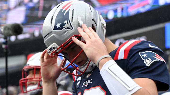 Dec 14, 2025; Foxborough, Massachusetts, USA; New England Patriots quarterback Drake Maye (10) walks onto the field before a game against the Buffalo Bills at Gillette Stadium. Mandatory Credit: Brian Fluharty-Imagn Images