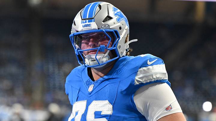 Aug 22, 2026; Detroit, Michigan, USA; Detroit Lions offensive tackle Blake Miller (76) during pregame warmups before their game against the Washington Commanders at Ford Field. Mandatory Credit: Lon Horwedel-Imagn Images