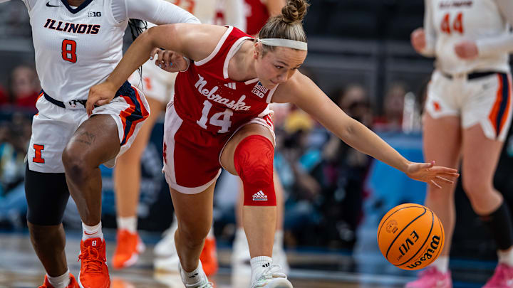 Nebraska guard Callin Hake chases a loose ball during a 74-70 win over Illinois in the second round of the 2025 Big Ten Conference Tournament.
