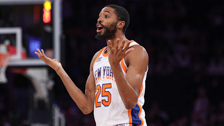 Mar 22, 2025; New York, New York, USA; New York Knicks forward Mikal Bridges (25) reacts after making a three point basket during the first half against the Washington Wizards at Madison Square Garden. Mandatory Credit: Vincent Carchietta-Imagn Images