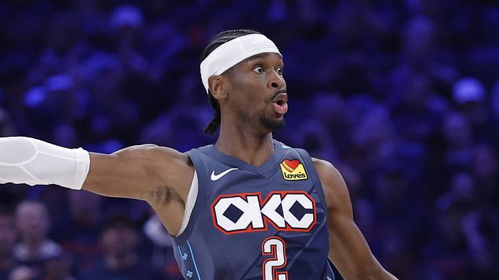 Apr 22, 2026; Oklahoma City, Oklahoma, USA; Oklahoma City Thunder guard Shai Gilgeous-Alexander (2) gestures to his team during a play against the Phoenix Suns in the second half during game two of the first round of the 2026 NBA Playoffs at Paycom Center. Mandatory Credit: Alonzo Adams-Imagn Images