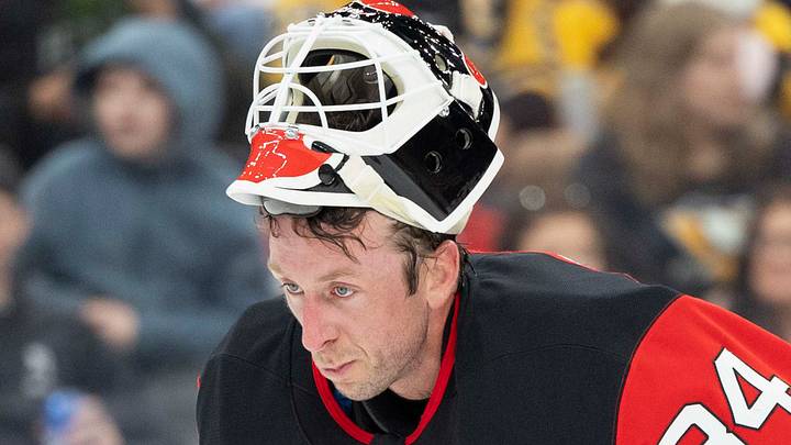 Apr 9, 2026; Newark, New Jersey, USA; New Jersey Devils goaltender Jake Allen (34) takes a break during a stoppage in play during the first period against the Pittsburgh Penguins at Prudential Center. Mandatory Credit: Luther Schlaifer-Imagn Images