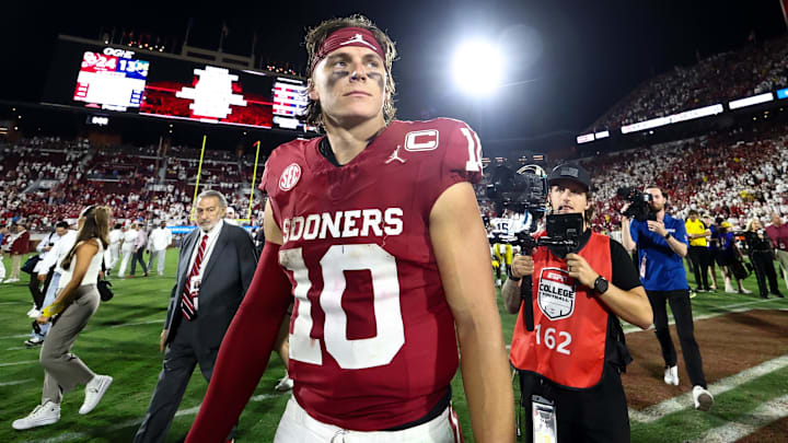 Sep 6, 2025; Norman, Oklahoma, USA;  Oklahoma Sooners quarterback John Mateer (10) reacts after the game against the Michigan Wolverines at Gaylord Family-Oklahoma Memorial Stadium. Mandatory Credit: Kevin Jairaj-Imagn Images