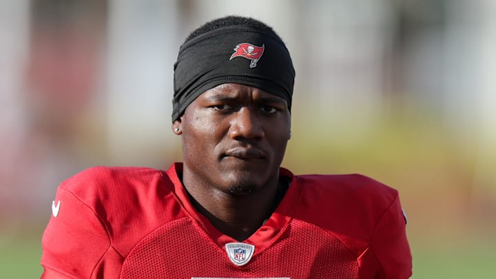 Tampa Bay Buccaneers running back Bucky Irving (7) participates in training camp at AdventHealth Training Center. 