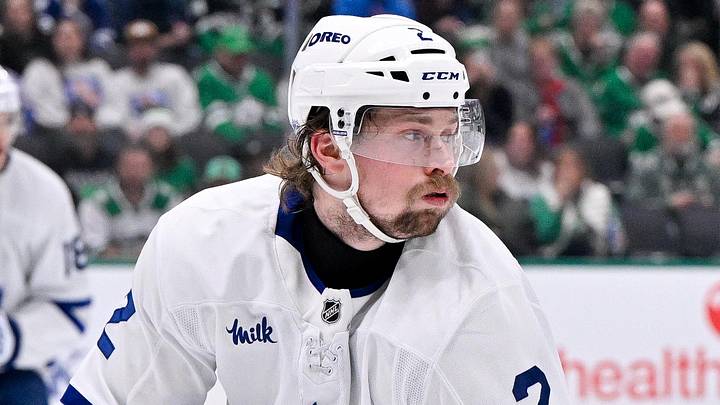Dec 21, 2025; Dallas, Texas, USA; Toronto Maple Leafs defenseman Simon Benoit (2) faces the Dallas Stars attack during the game at the American Airlines Center. Mandatory Credit: Jerome Miron-Imagn Images