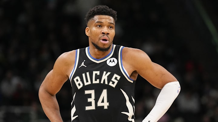 Jan 23, 2026; Milwaukee, Wisconsin, USA;  Milwaukee Bucks forward Giannis Antetokounmpo (34) looks on during the second quarter against the Denver Nuggets at Fiserv Forum. Mandatory Credit: Jeff Hanisch-Imagn Images