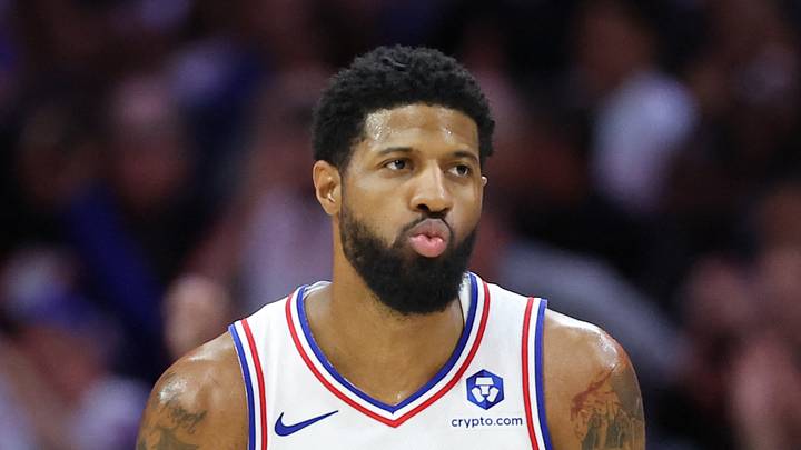 May 8, 2026; Philadelphia, Pennsylvania, USA; Philadelphia 76ers forward Paul George (8) reacts to his three pointer against the New York Knicks during the first quarter of game three of the second round of the 2026 NBA Playoffs at Xfinity Mobile Arena. Mandatory Credit: Bill Streicher-Imagn Images