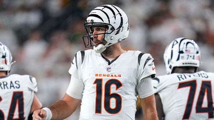 Cincinnati Bengals quarterback Joe Flacco (16) waits for a play in the third quarter of the NFL Week 7 game between the Cincinnati Bengals and the Pittsburgh Steelers at Paycor Stadium in downtown Cincinnati on Thursday, Oct. 16, 2025. The Bengals won, 33-31.