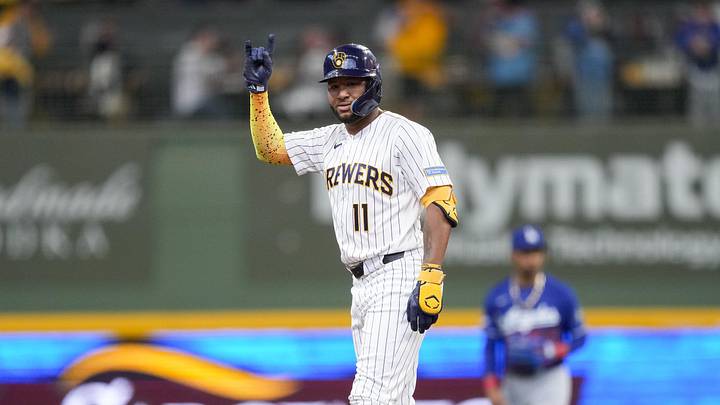 May 23, 2026; Milwaukee, Wisconsin, USA; Milwaukee Brewers center fielder Jackson Chourio (11) celebrates at second base after hitting a double during the second inning against the Los Angeles Dodgers at American Family Field. Mandatory Credit: Jeff Hanisch-Imagn Images May 23, 2026; Milwaukee, Wisconsin, USA; Milwaukee Brewers center fielder Jackson Chourio (11) celebrates at second base after hitting a double during the second inning against the Los Angeles Dodgers at American Family Field. Mandatory Credit: Jeff Hanisch-Imagn Images