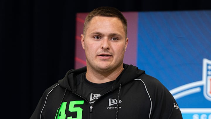 Feb 28, 2026; Indianapolis, IN, USA; Notre Dame offensive lineman Billy Schrauth (OL45) speaks to members of the media during the NFL Combine at the Indiana Convention Center. Mandatory Credit: Jacob Musselman-Imagn Images