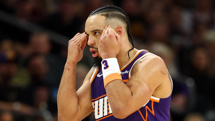 Jan 30, 2026; Phoenix, Arizona, USA; Phoenix Suns forward Dillon Brooks (3) reacts against the Cleveland Cavaliers at Mortgage Matchup Center. Mandatory Credit: Mark J. Rebilas-Imagn Images
