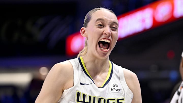 Sep 11, 2025; Arlington, Texas, USA; Dallas Wings guard Paige Bueckers (5) celebrates after the game against the Phoenix Mercury at College Park Center. Mandatory Credit: Jerome Miron-Imagn Images