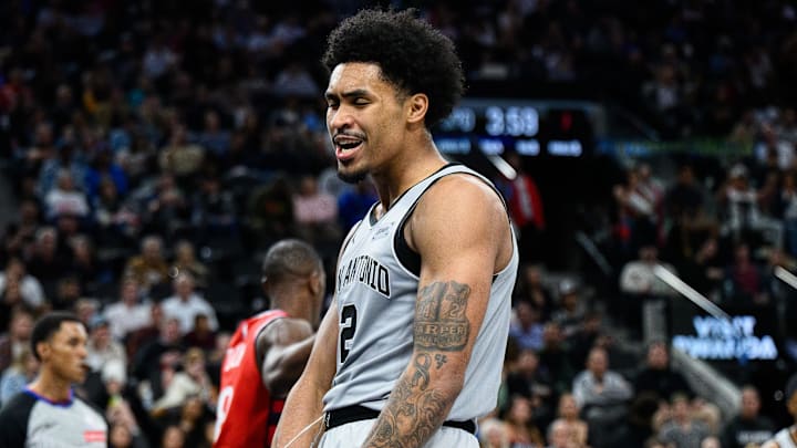 Apr 2, 2026; Inglewood, California, USA; San Antonio Spurs guard Dylan Harper (2) reacts after scoring during the second half against the Los Angeles Clippers at Intuit Dome. Mandatory Credit: William Liang-Imagn Images