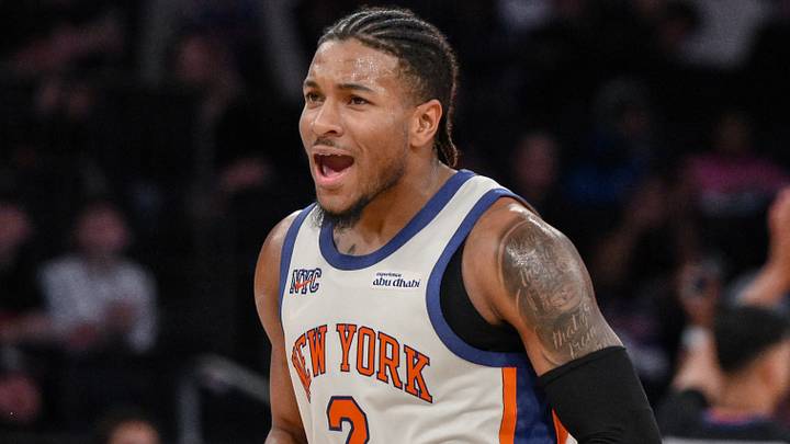 Jan 17, 2026; New York, New York, USA; New York Knicks guard Miles McBride (2) reacts during the second half against the Phoenix Suns at Madison Square Garden. Mandatory Credit: John Jones-Imagn Images