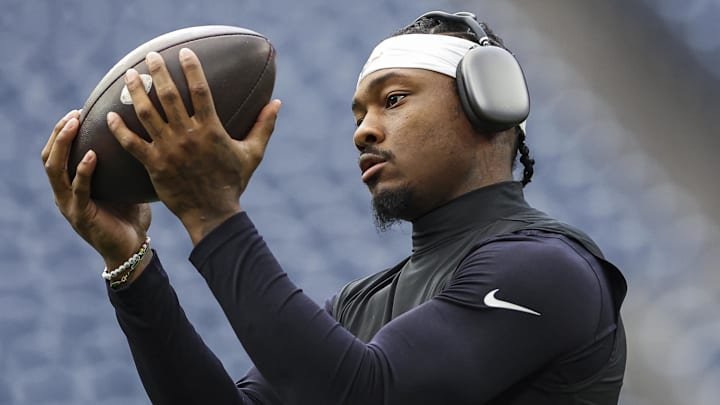Aug 17, 2024; Houston, Texas, USA; Houston Texans wide receiver Stefon Diggs (1) warms up before the game against the New York Giants at NRG Stadium. Mandatory Credit: Troy Taormina-Imagn Images